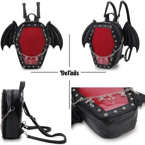 Gothic Coffin Shape Pvc Bag for Women Halloween Shoulder Backpack - Picture 6 of 9